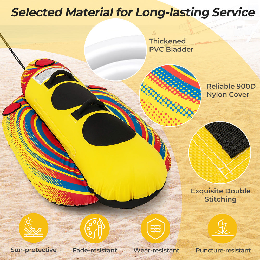 Bright yellow inflatable towable tube with 900D nylon cover and thick PVC bladder, designed for 1-2 riders on water.