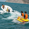 Inflatable towable banana boat for 1-2 persons with heavy-duty PVC, padded handles, and reliable tow point system on.
