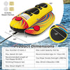 Side view of inflatable towable tube with dual seats, featuring vibrant design and thick foam padded handles for.