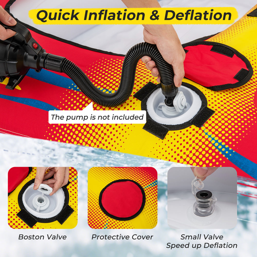 Close-up of the Boston valve on a 1 or 2 person inflatable towable tube for quick inflation and deflation.