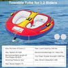 Inflatable towable tube for 1-2 riders, featuring heavy-duty PVC, padded handles, and drainage for smooth water sports.