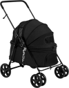 Foldable black pet stroller for small to medium dogs with breathable mesh windows and rear brake for secure travel.