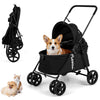 Pet stroller for small to medium dogs in black with canopy, featuring breathable mesh windows and foldable design for.
