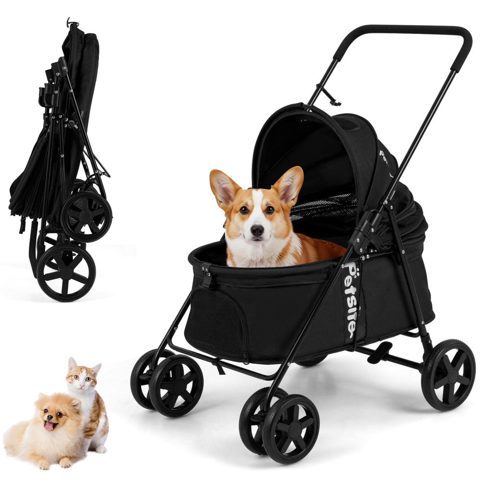 Pet stroller for small to medium dogs in black with canopy, featuring breathable mesh windows and foldable design for.