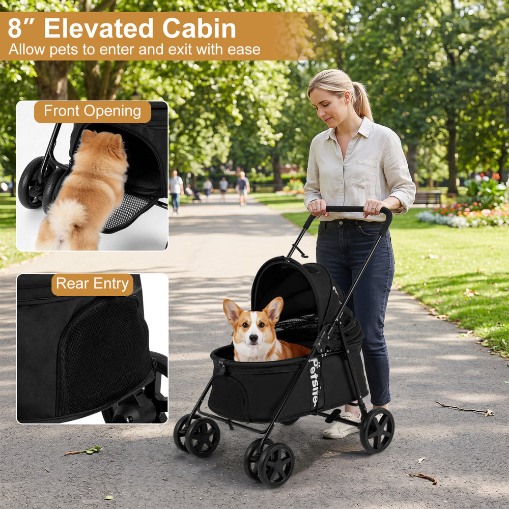 Pet stroller in black with elevated cabin, front opening, and rear entry, perfect for small to medium dogs during.