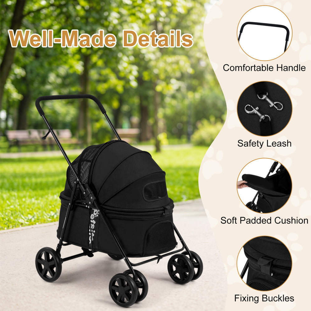 Pet stroller for small to medium dogs with a foldable design, breathable mesh windows, and a comfortable padded cushion.