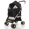 3-in-1 black pet stroller with removable carrier, adjustable canopy, and breathable mesh window for comfortable travel.