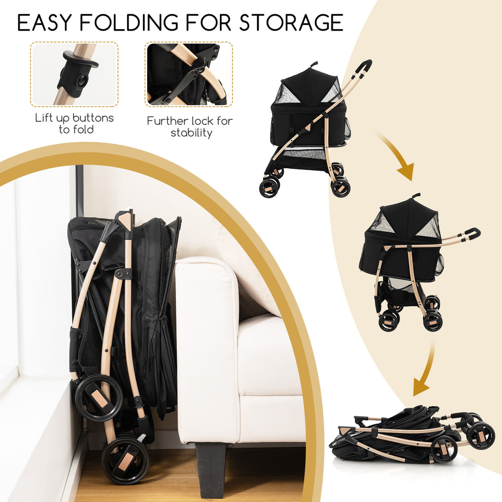 Pet stroller in black with easy folding feature for compact storage, showcasing its 3-in-1 design and stability.