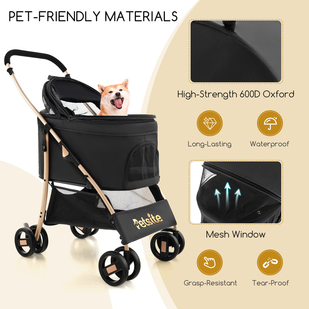 3-in-1 black pet stroller with removable car seat, waterproof oxford fabric, and breathable mesh window for easy.