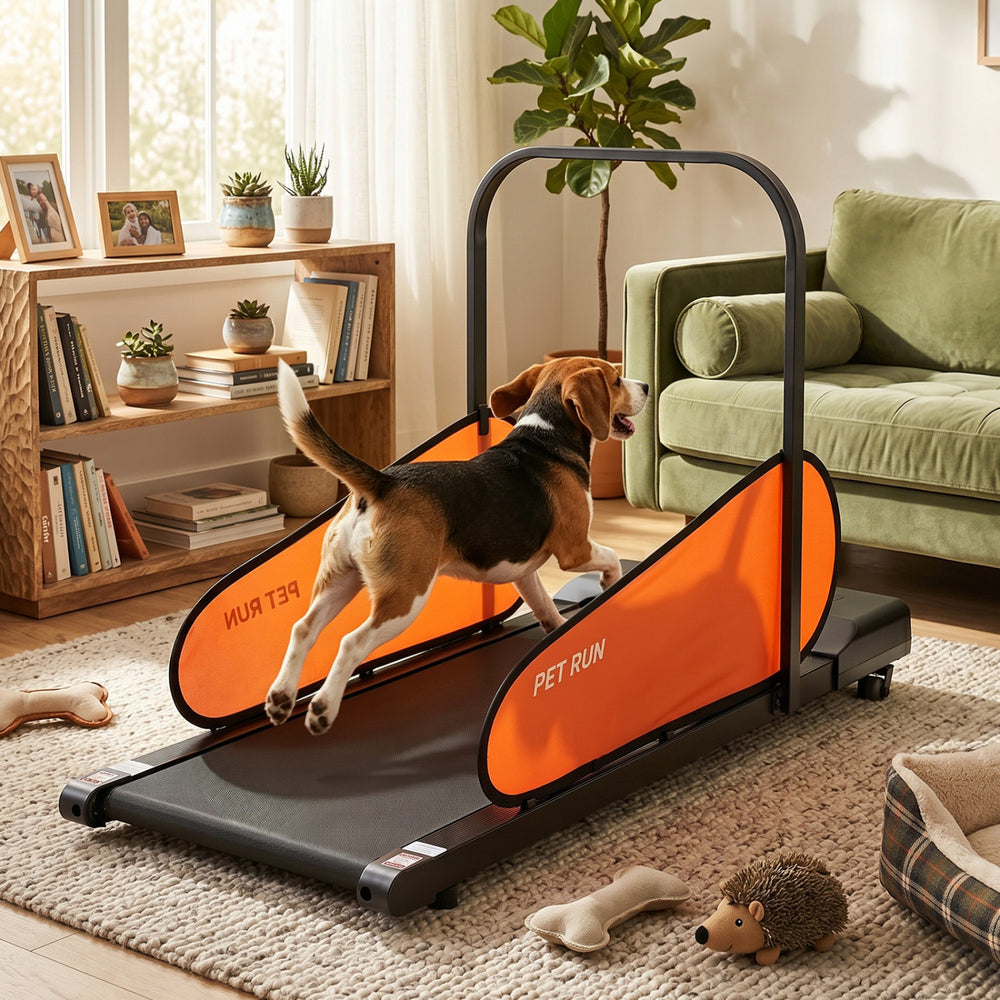 Beagle running on a pet treadmill for small and medium dogs, featuring adjustable speed and LED display in a cozy.