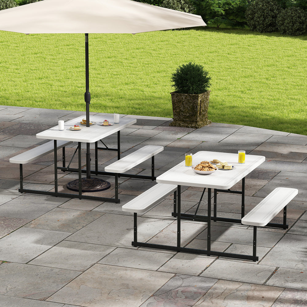 Picnic table bench set for 2-4 people, featuring HDPE surfaces and metal frames, ideal for outdoor dining and.