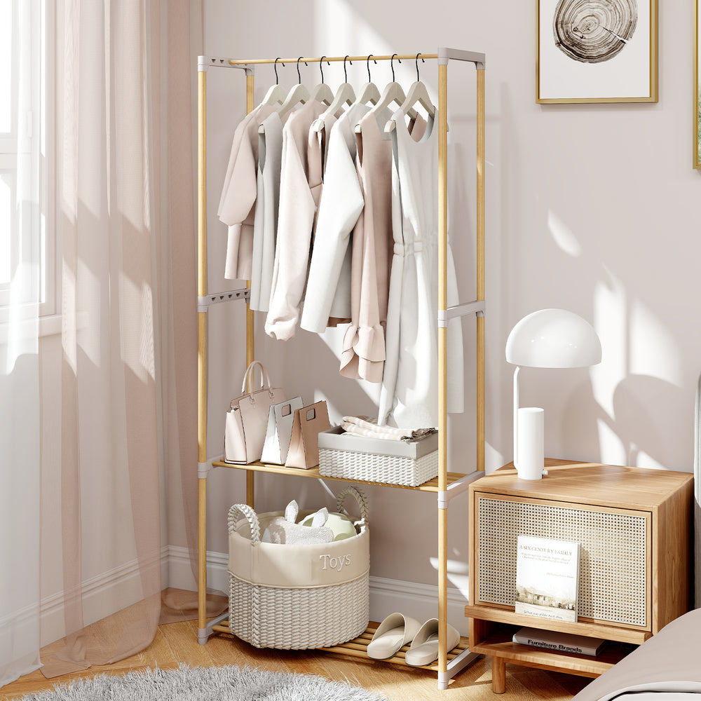 Pine wood clothes rack with 2-tier open storage shelf, gray finish, ideal for organized bedroom or hallway storage.