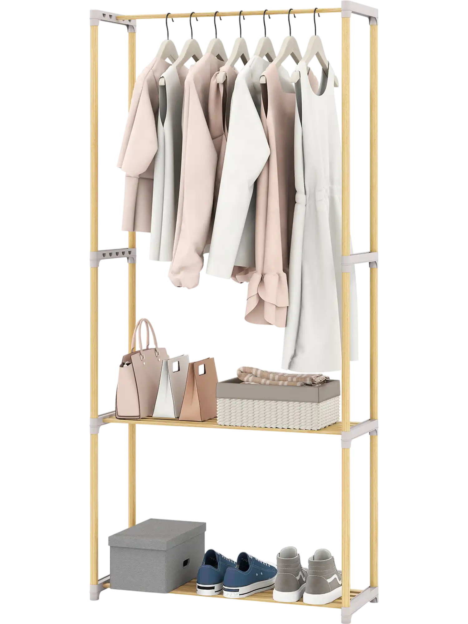 Costway Pine Wood Clothes Rack Wardrobe w/ 2-Tier Open Storage Shelf 68370215 New