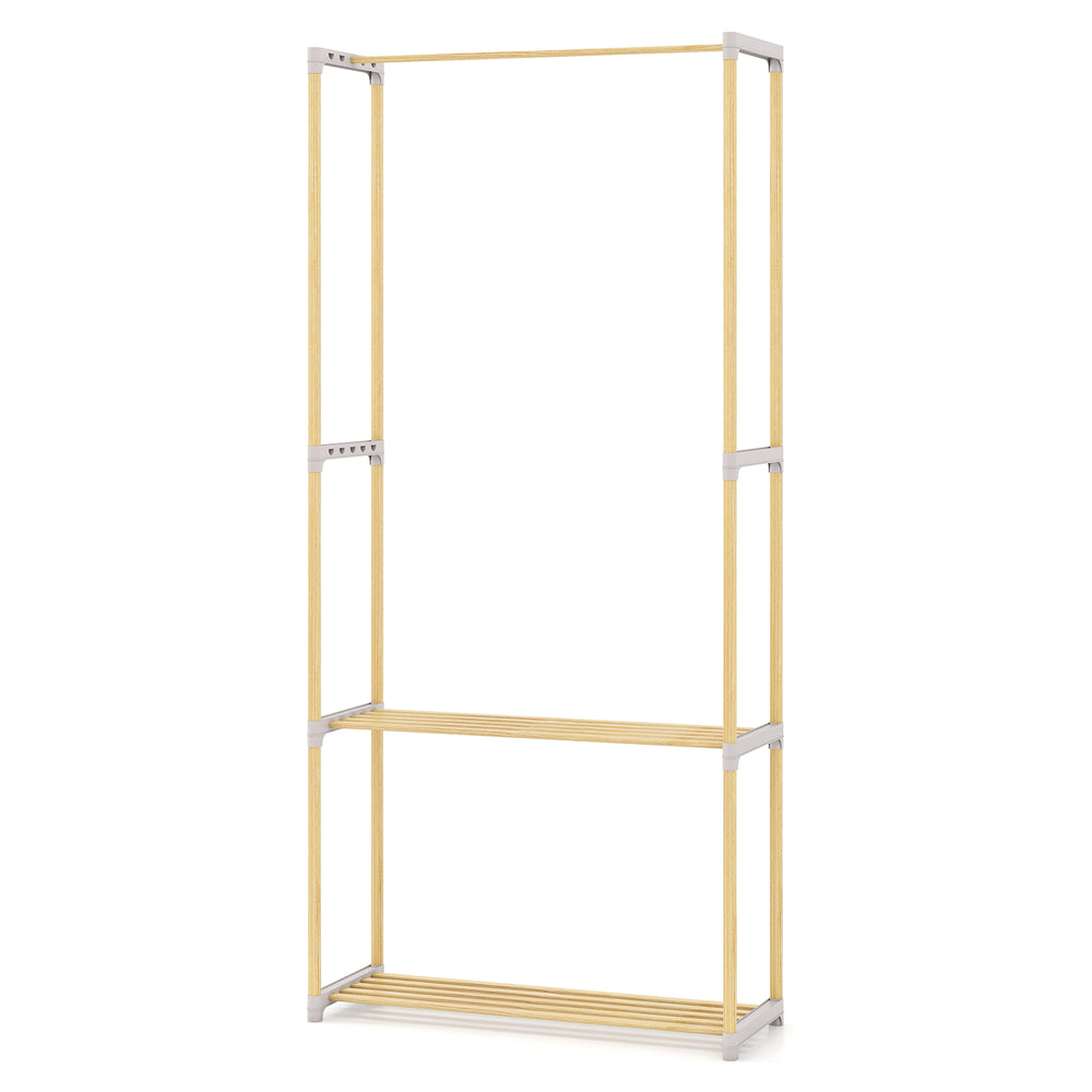 Pine wood clothes rack with 2-tier open storage shelf in gray, perfect for organized hanging and rustic charm in any.