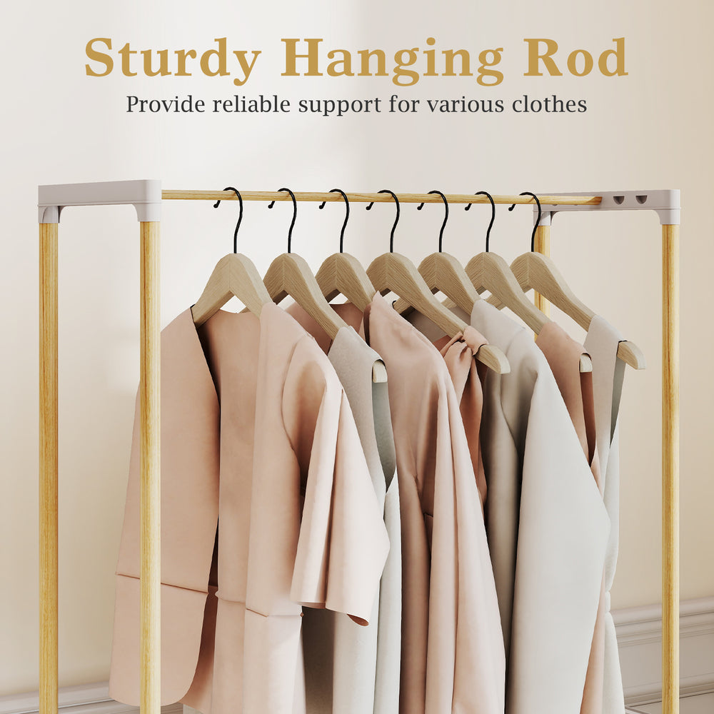 Pine wood clothes rack with sturdy hanging rod and 2-tier open storage shelf, perfect for organized clothing display.