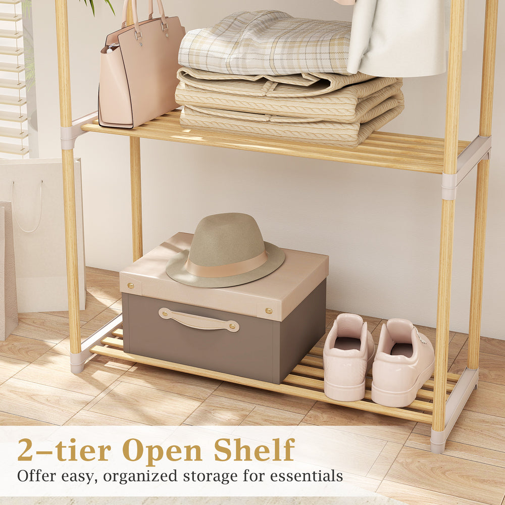 2-tier open shelf made of solid pine wood, providing organized storage for clothes and essentials in a stylish gray.