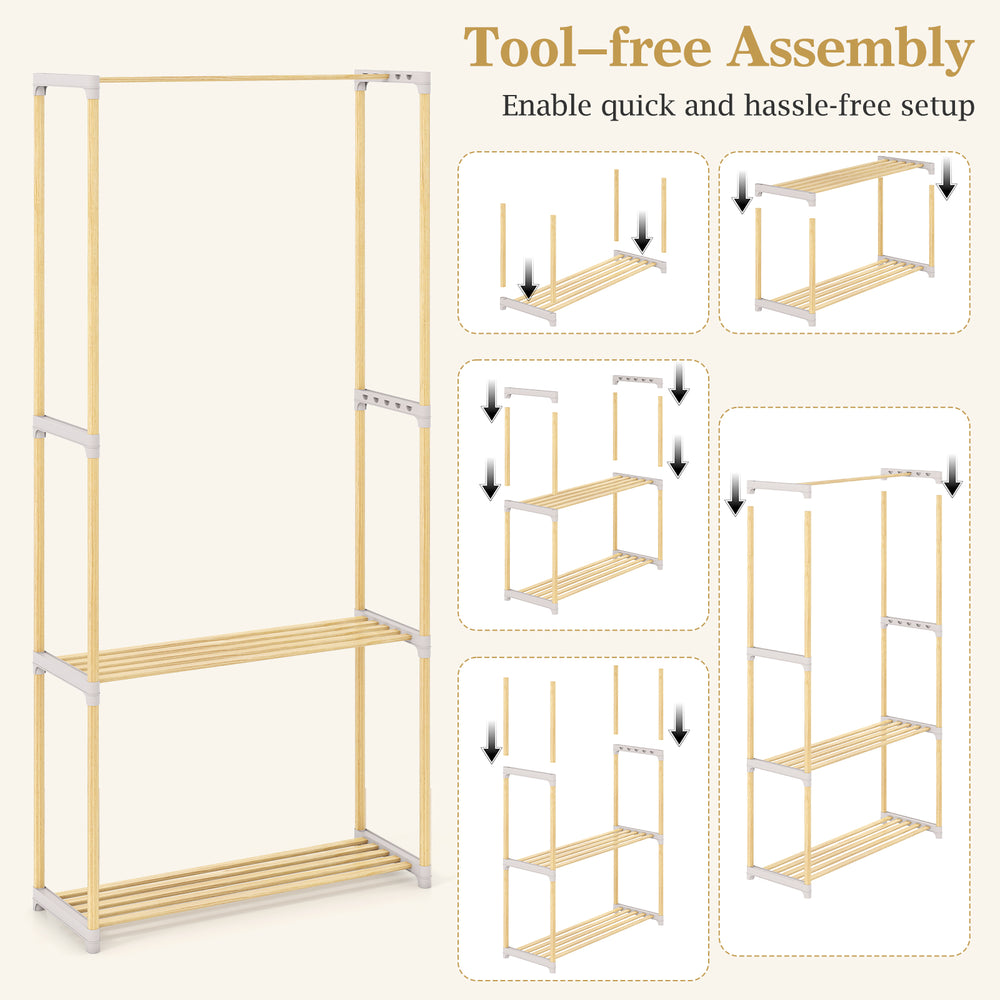Pine wood clothes rack with 2-tier open storage shelf, featuring tool-free assembly and anti-slip feet for stability.