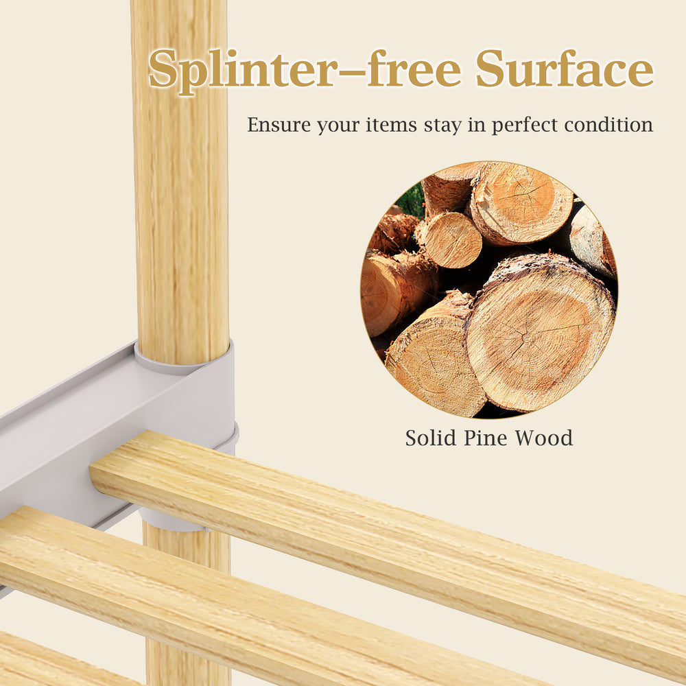 Close-up of the splinter-free surface of the solid pine wood clothes rack, showcasing its sturdy 2-tier open shelf.