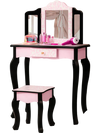 Kid vanity set with tri-folding mirror and leopard print in pink and black, perfect for playtime or as a writing desk.