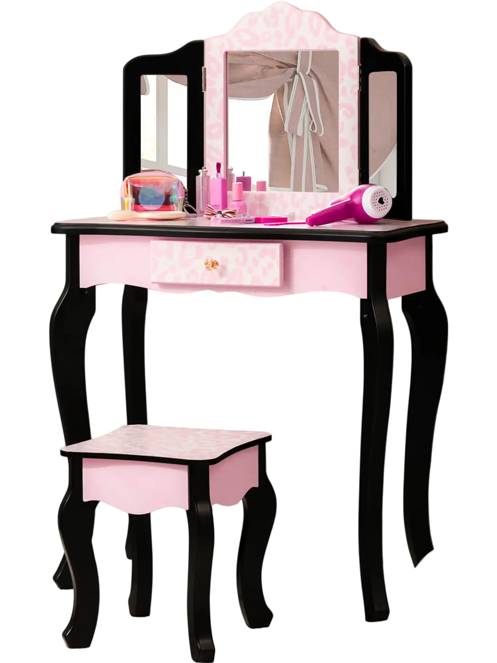 Kid vanity set with tri-folding mirror and leopard print in pink and black, perfect for playtime or as a writing desk.