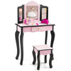 Kid vanity set with tri-folding mirror, leopard print design, and matching stool for fun makeup and dressing play.