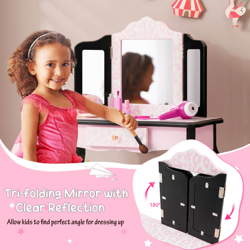 Kid vanity set featuring a tri-folding mirror and leopard print design, perfect for dressing up and playtime.
