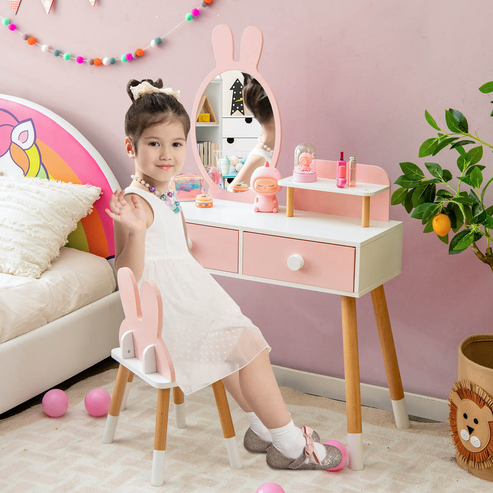 Kids Vanity Table and Chair Set with Drawer Shelf and Rabbit Mirror-Pink - Gallery View 1 of 11