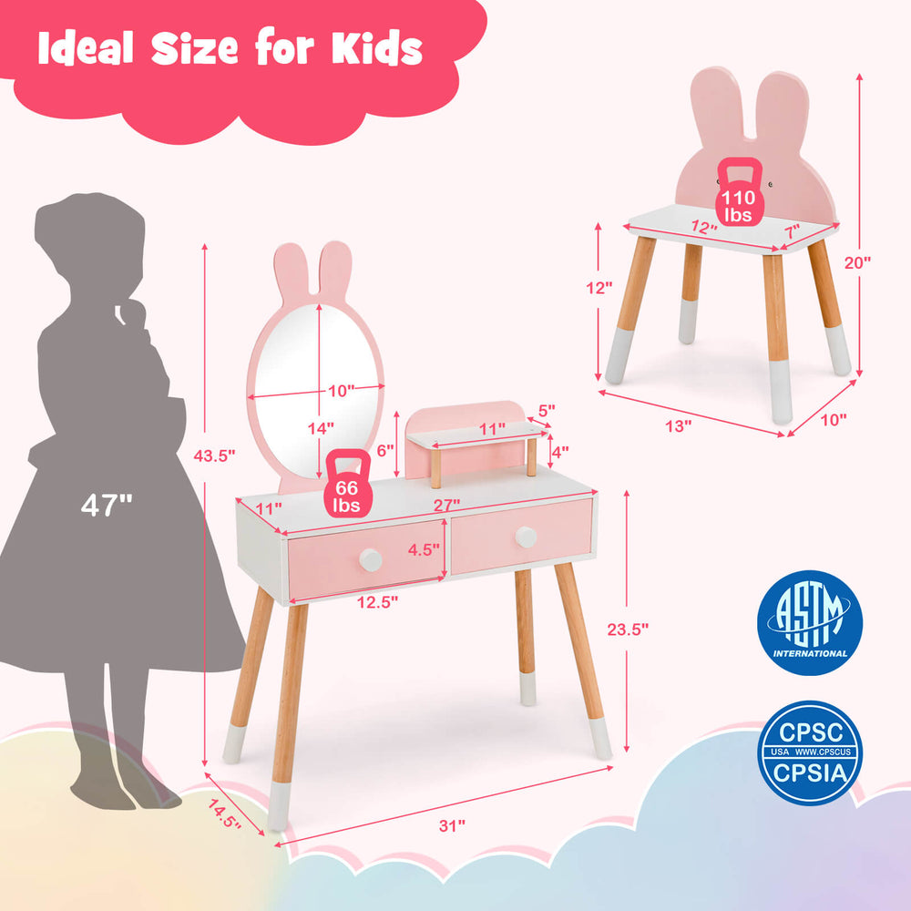 Kids vanity table and chair set in pink with rabbit mirror, featuring two drawers and beech wood legs for stability.