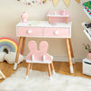 Kids vanity table and chair set in pink with two drawers, rabbit mirror, and beech wood legs for stability and safety.