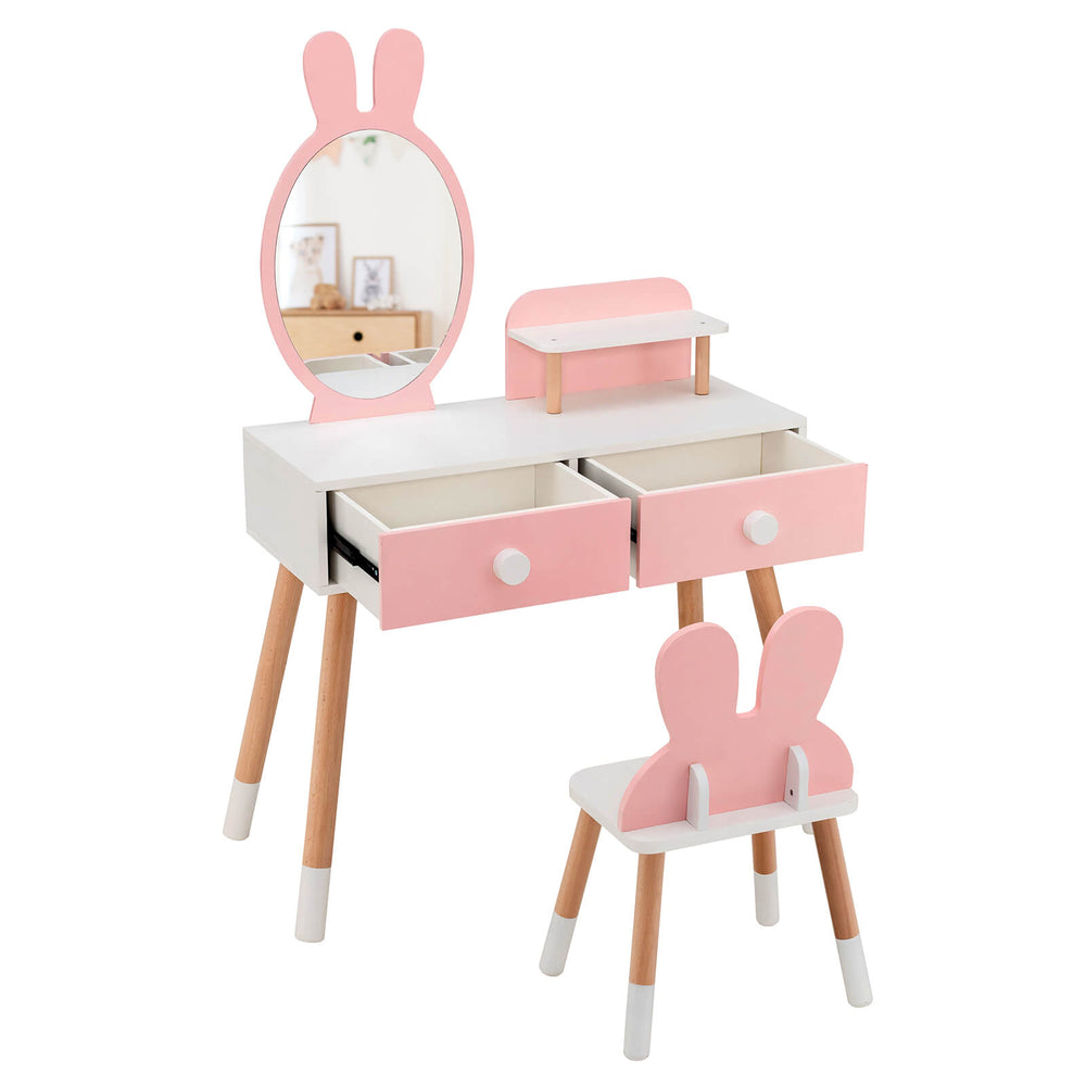 Kids vanity table set in pink with rabbit mirror, two drawers, and ergonomic chair for bedrooms and playrooms.