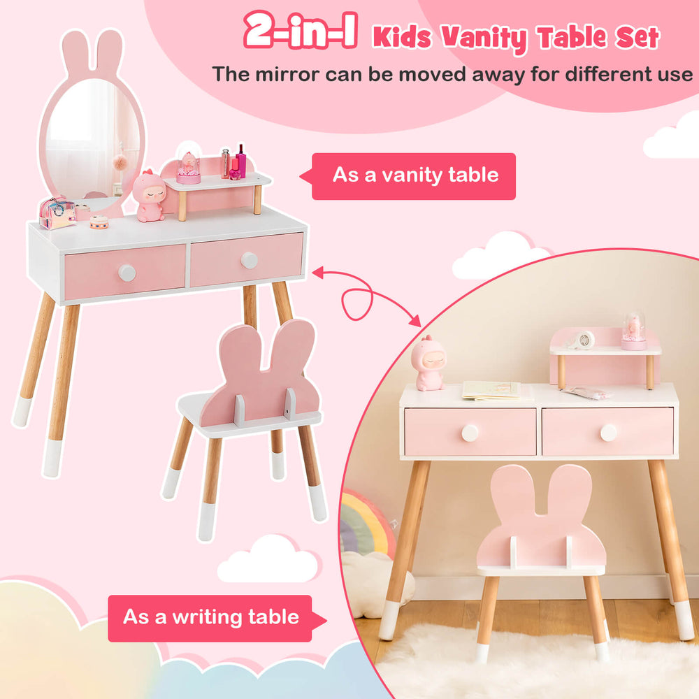 Kids vanity table set in pink with rabbit mirror, featuring drawers and a chair, perfect for bedrooms and playrooms.