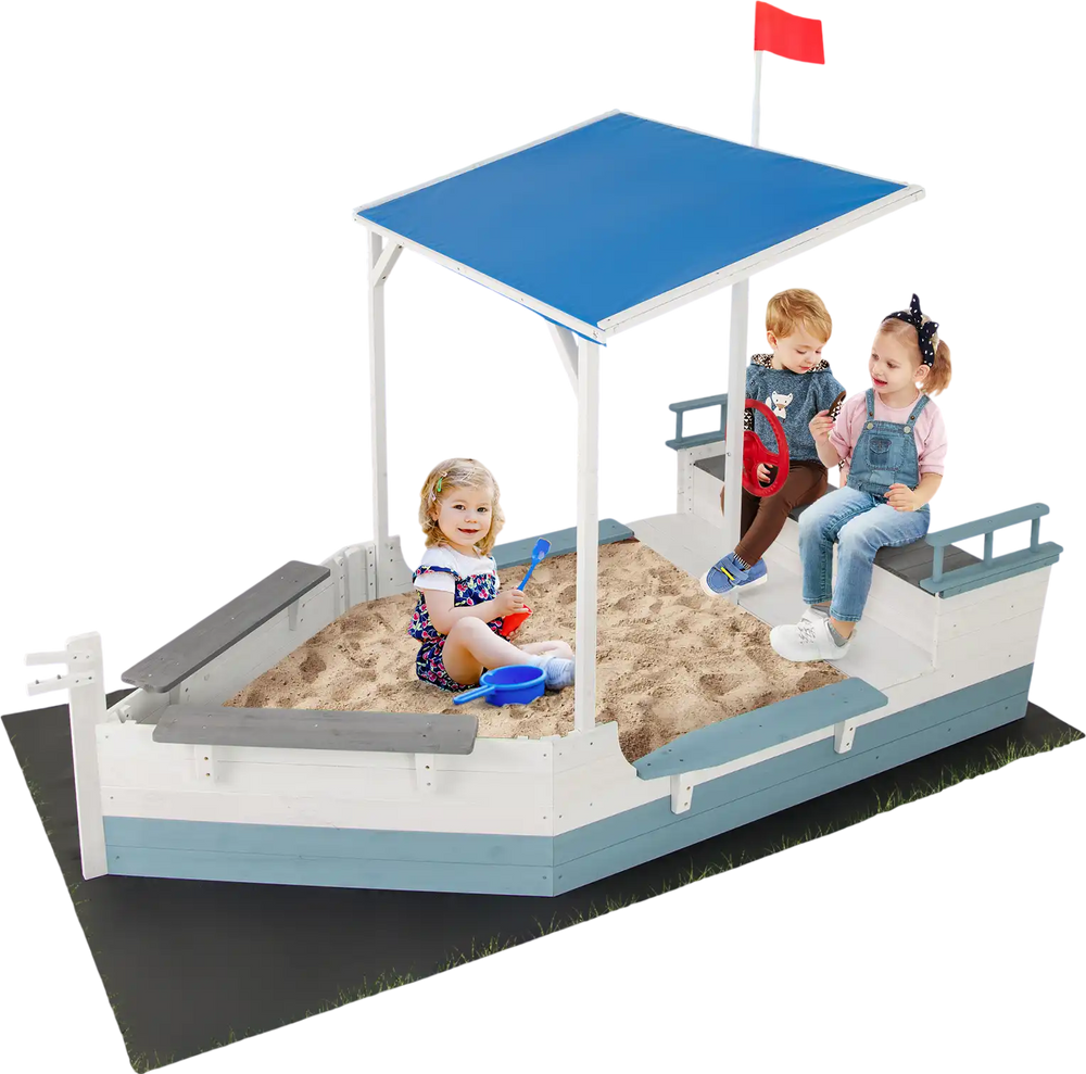 Pirate ship sandbox with canopy, built-in bench, and storage compartments for backyard play and comfort.