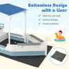 Pirate ship sandbox with canopy and bench seats, featuring a bottomless design with liner for backyard play.