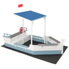 Pirate ship sandbox with canopy, bench seats, and storage compartments for backyard play and shade.