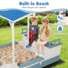 Pirate ship sandbox with canopy featuring a built-in bench, armrests, and footrest for comfortable playtime.