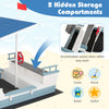 Pirate ship sandbox with canopy featuring two hidden storage compartments for easy access to toys and snacks.