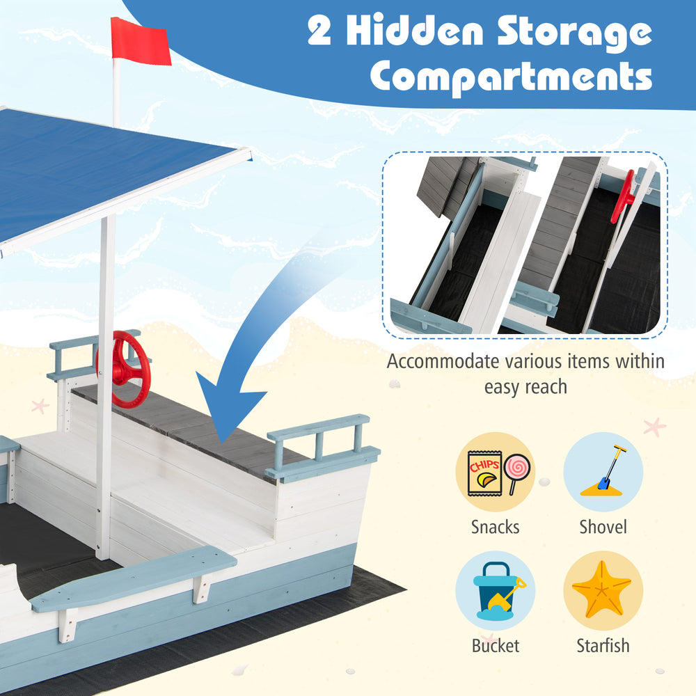 Pirate ship sandbox with canopy featuring two hidden storage compartments for easy access to toys and snacks.