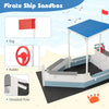 Pirate ship sandbox with canopy, bench seats, and rudder, made of durable fir wood for backyard fun.