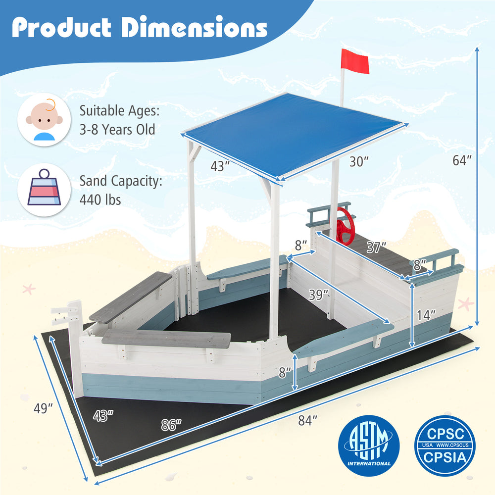 Pirate ship sandbox with canopy, made of fir wood, featuring bench seats and hidden storage for backyard fun.