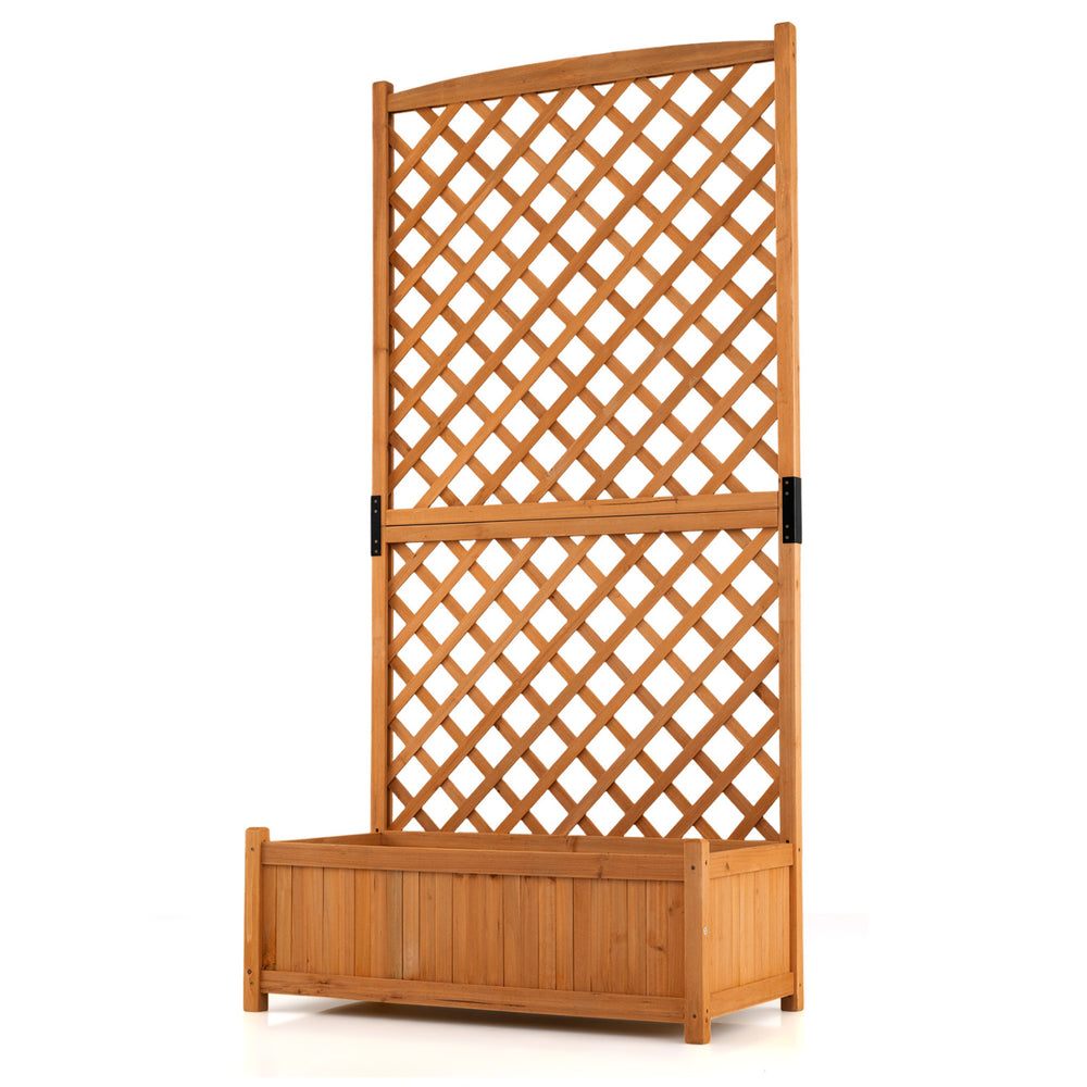 Planter raised bed with trellis in natural fir wood, ideal for climbing plants, perfect for garden or patio decor.