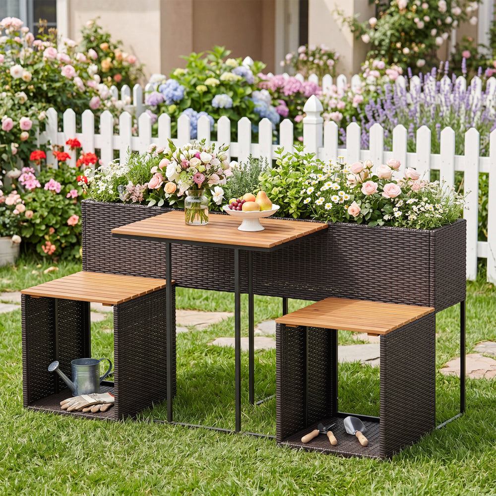 Planter Table and Chairs Set with Bottom Storage Shelf-Brown - Gallery View 1 of 10