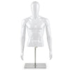 Plastic half body male mannequin with a sturdy metal base and customizable pose, perfect for showcasing t-shirts and accessories.