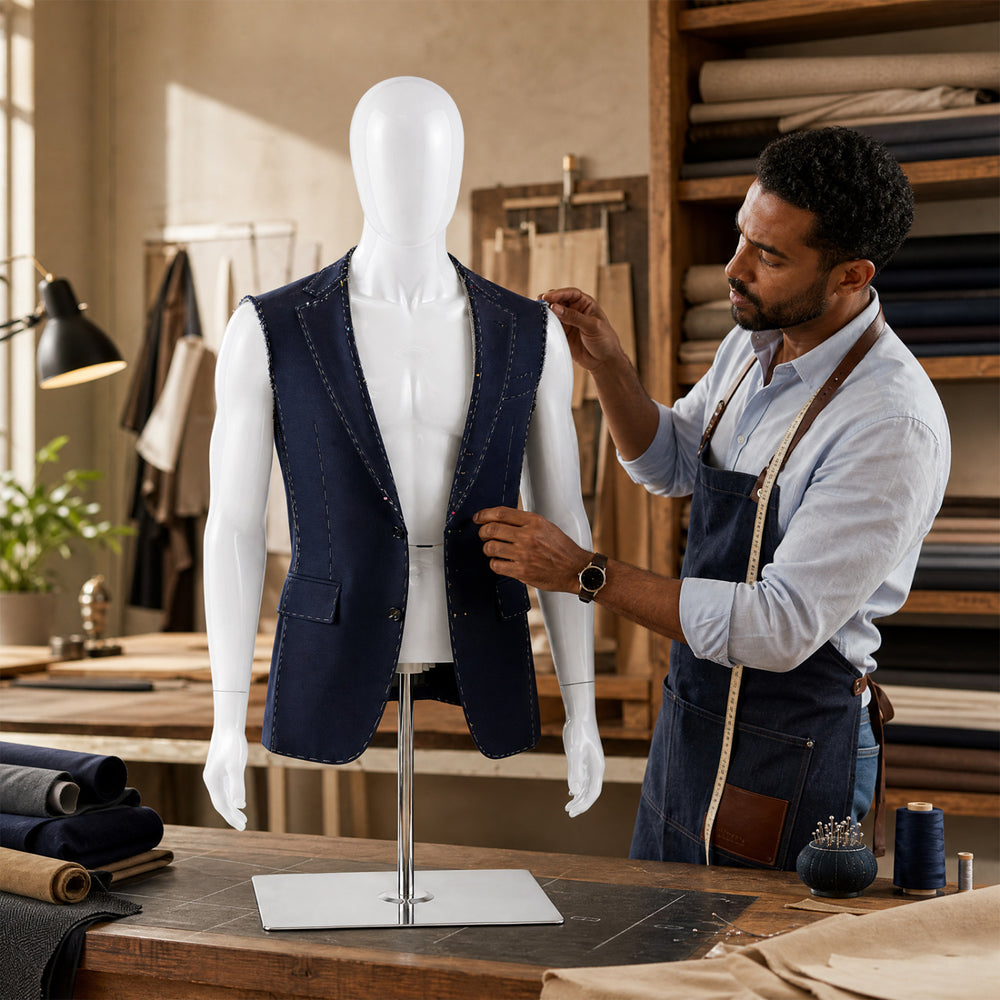 Male mannequin with adjustable head and arms, made of durable PP material, ideal for displaying suits and shirts.