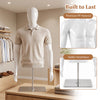 Plastic half body male mannequin with adjustable head and arms, featuring a stable metal base for versatile clothing display.