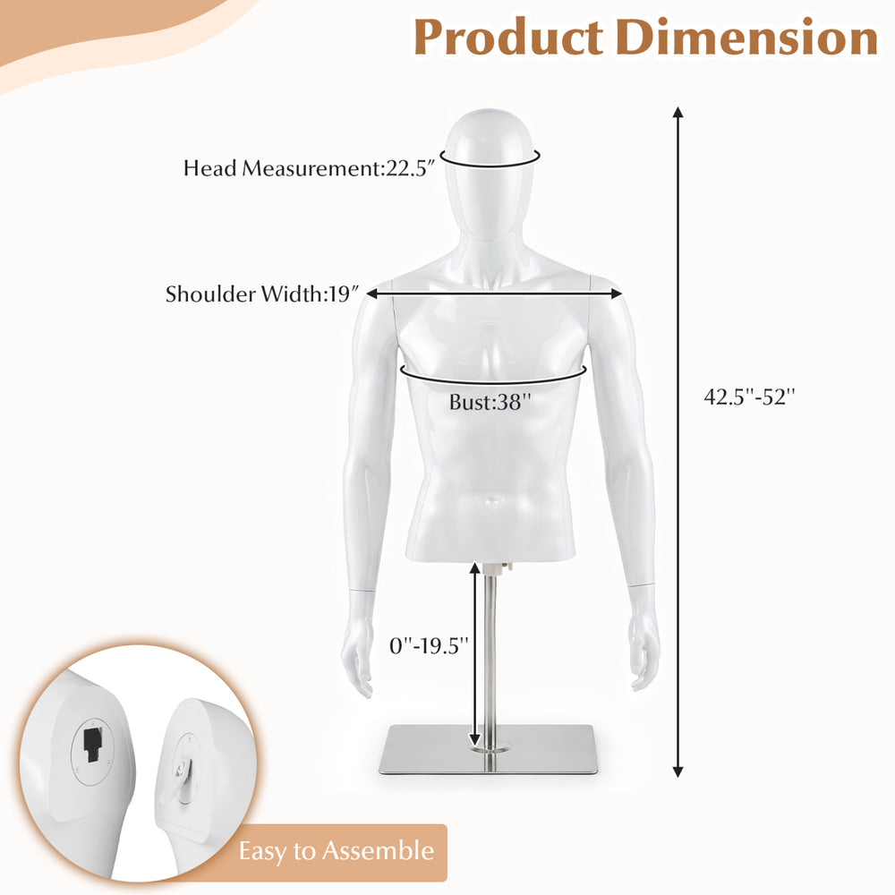 Plastic half body male mannequin with adjustable head and arms, ideal for displaying various clothing items in stores.