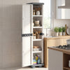 Plastic kitchen pantry with 4 adjustable shelves, gray color, compact design for efficient storage in narrow spaces.