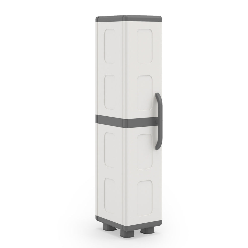 Plastic kitchen pantry with single door and 4 adjustable shelves, compact design for efficient storage in living room.