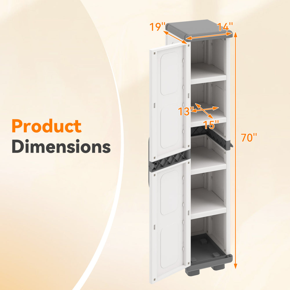 Dimensions of the gray plastic kitchen pantry with 4 adjustable shelves, measuring 70" tall and 14" wide for compact.
