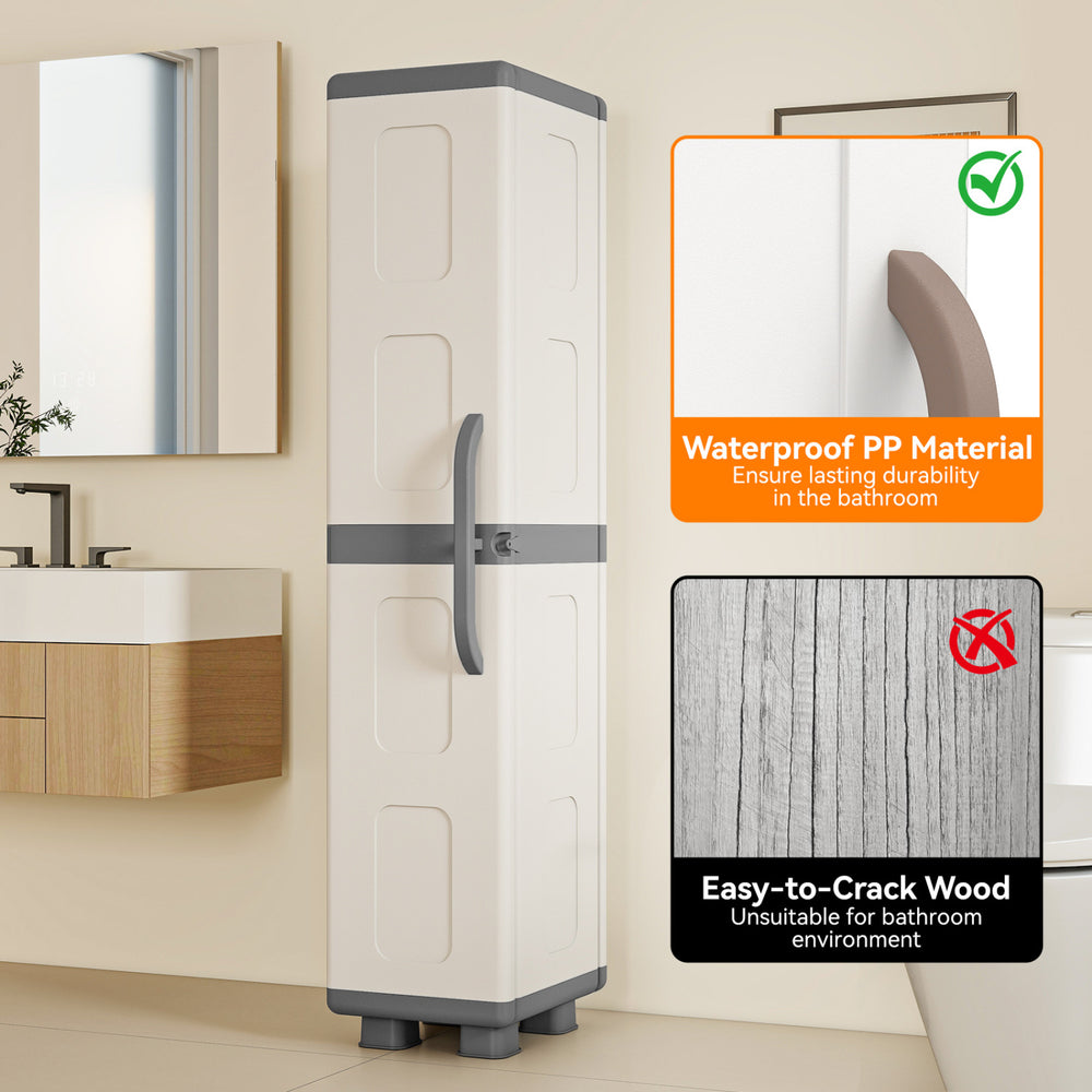 Gray plastic kitchen pantry with single door and 4 adjustable shelves, designed for compact storage in living rooms and.