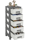 Compact gray plastic storage organizer with five drawers and spacious tabletop for efficient bedroom organization.